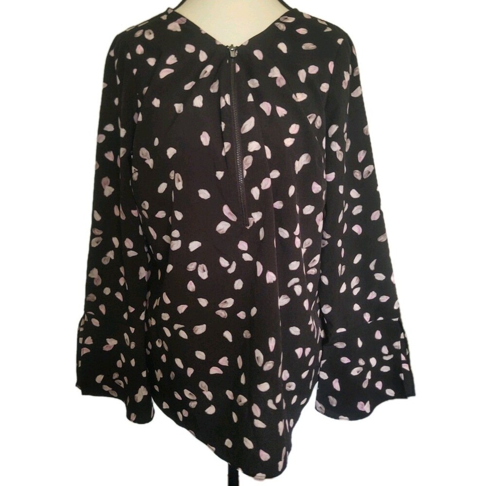 Ellen Tracy Zip Up Popover Size Medium Floral Print Cut Away Long Sleeves V Neck